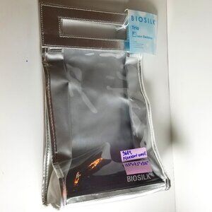 ✅NWT Tall Silver Fabric Biosilk Cosmetic Bag with Clear Window. Velcro closure